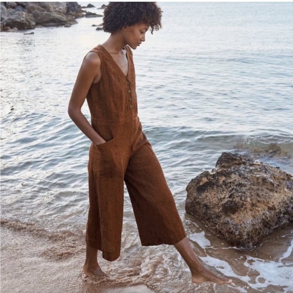 Poetry Linen Cotton Blend Textured Tank Jumpsuit Navy Blue US 6 Cargo Crop - Picture 2 of 9